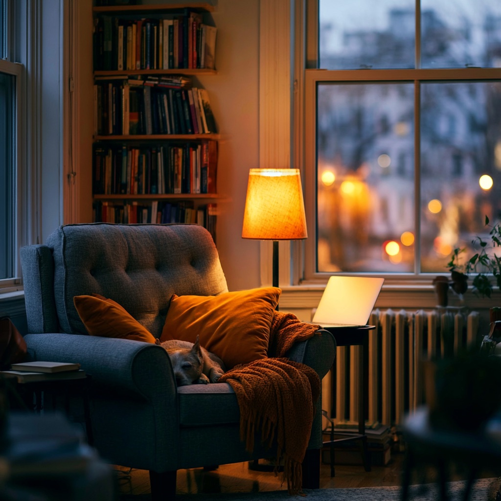 A reading corner in a DC apartment at dusk: an armchair, a warm lamp, and a laptop open for an online therapy session
