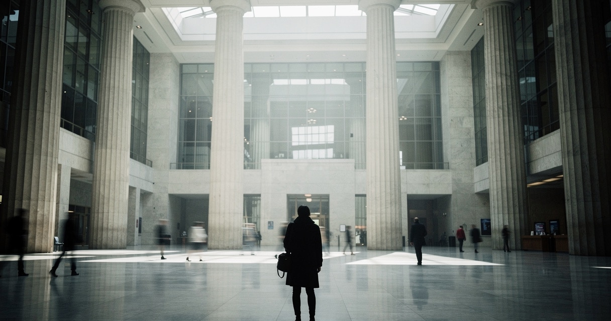 Imposter syndrome at work — professional sitting at a desk surrounded by colleagues, feeling out of place