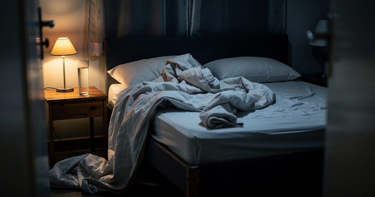 Nocturnal panic attacks — person sitting up in bed at night with soft light, catching their breath
