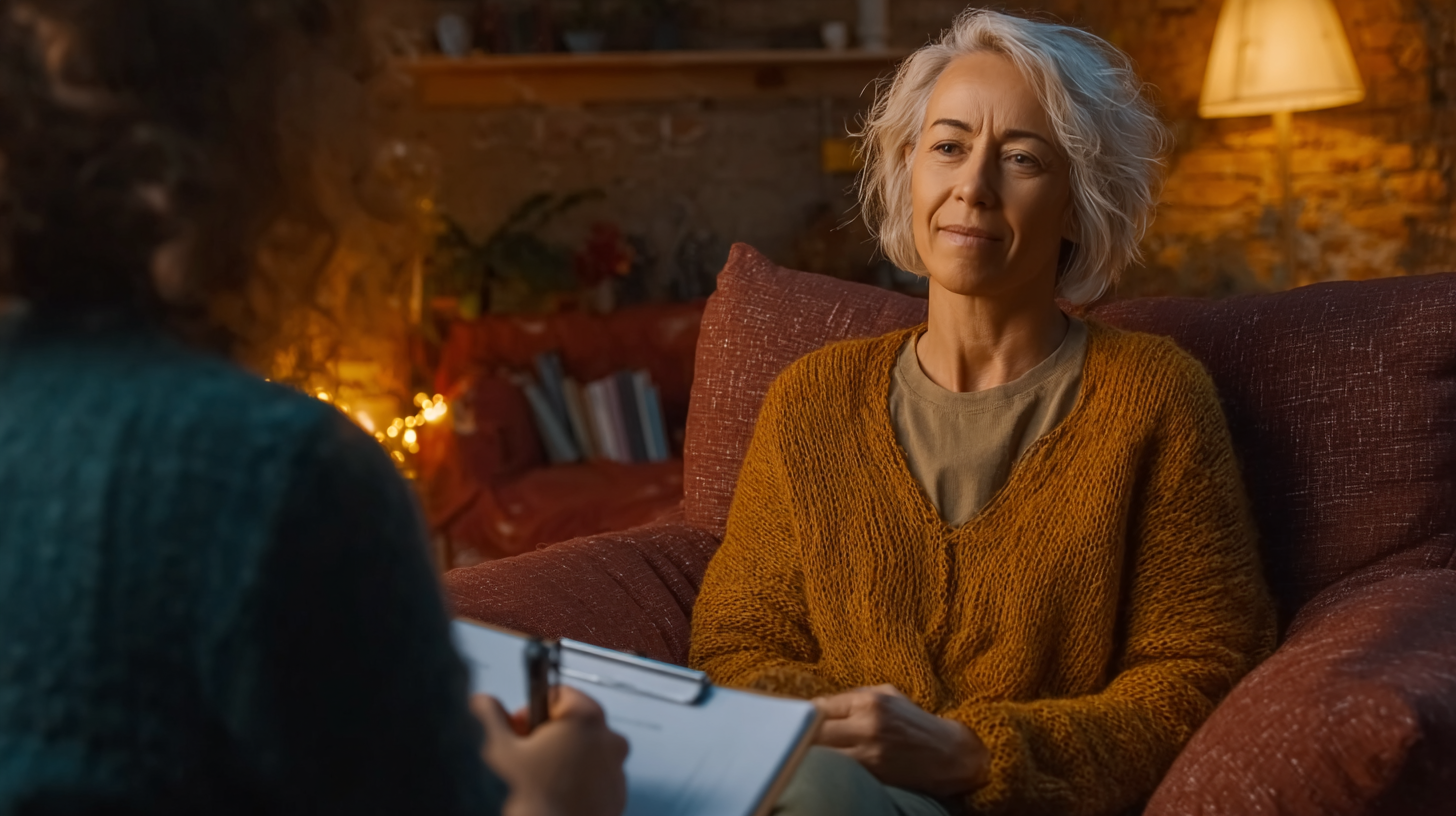 a woman exploring perimenopause and mood changes with her therapist