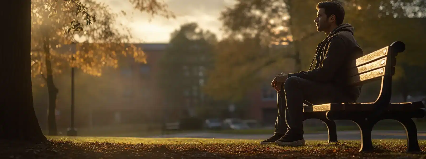 a man sitting alone on a park bench, deep in thought, with a psychologist's office in the background.