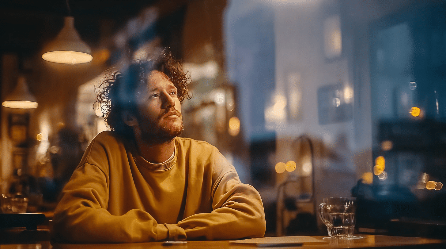 a person sitting at a cafe struggling with loneliness