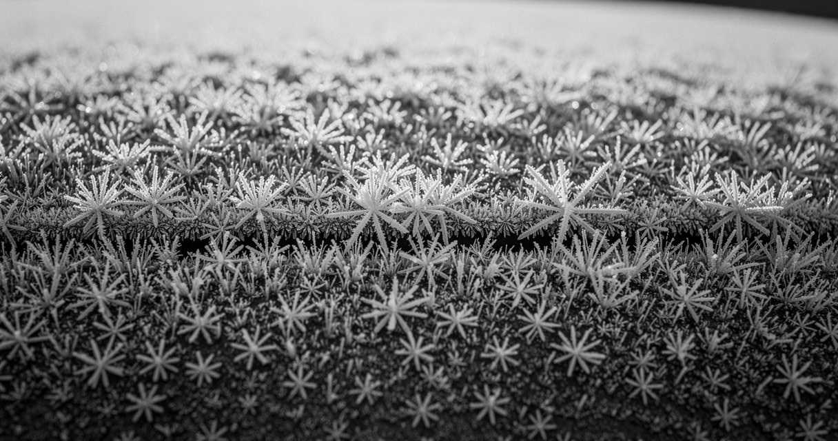 Anhedonia therapy — frost crystals forming on a surface, each pattern complete but sealed under ice