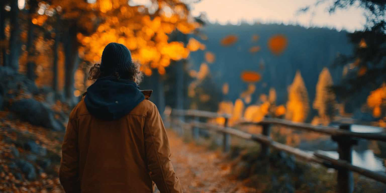 moving on from relationship — Person walking alone through an urban park at golden hour