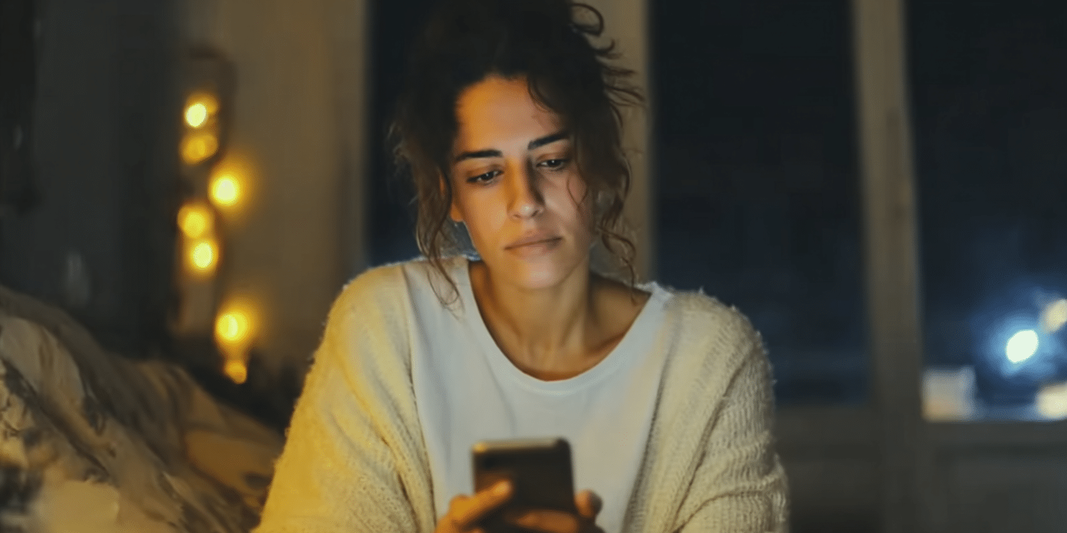 black and white thinking — woman on her phone looking angry