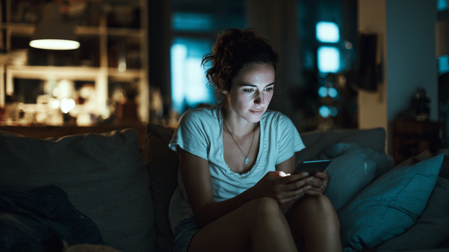 parasocial relationships with AI — a woman using an AI Companion app at home on her couch 