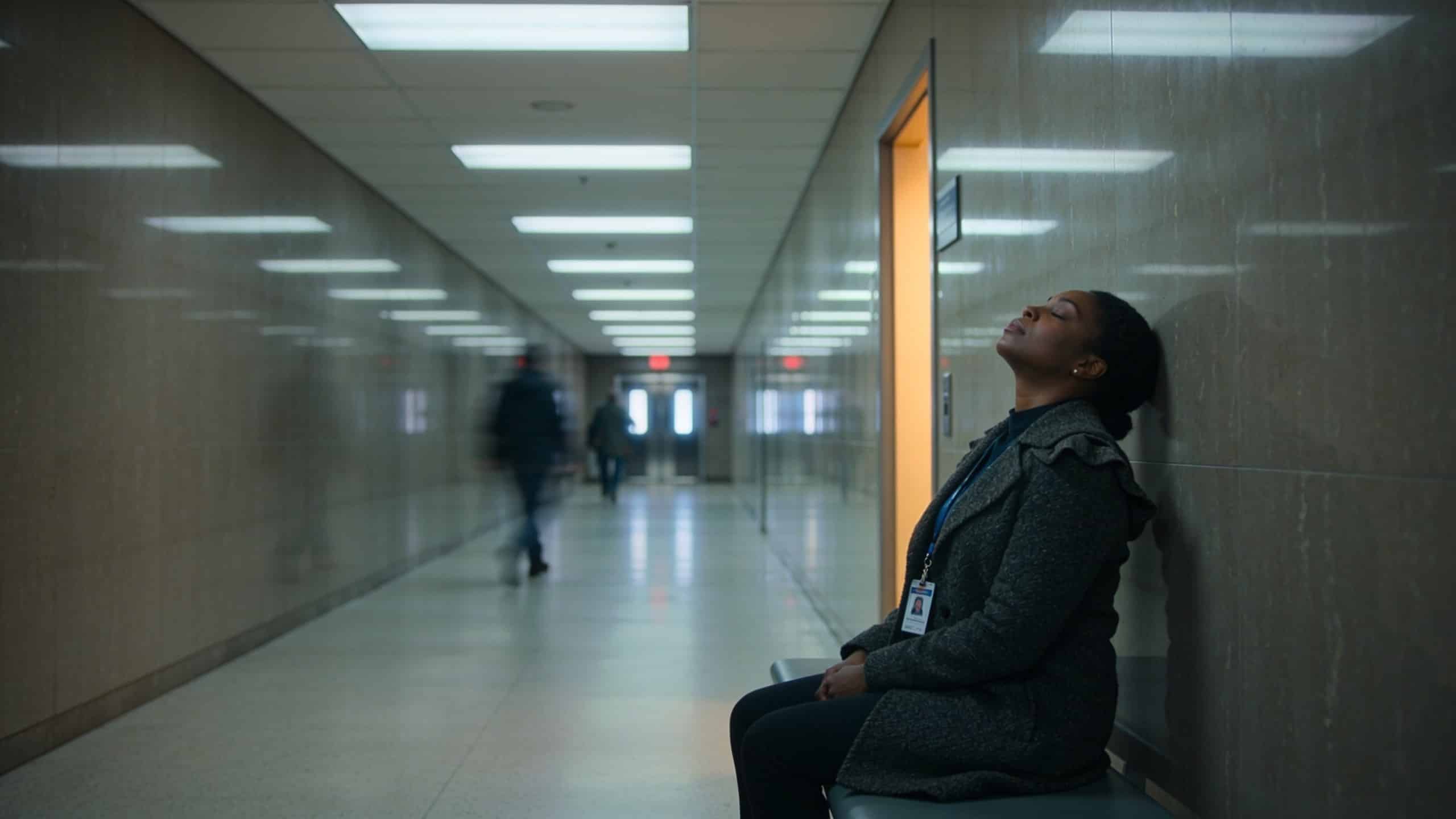 compassion fatigue — Institutional setting, no objects: a long fluorescent-lit corridor in a large government office build...