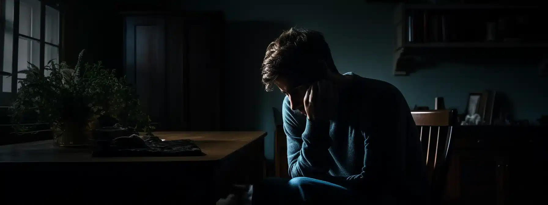 a person sitting alone in a dimly lit room, looking down with a somber expression on their face.