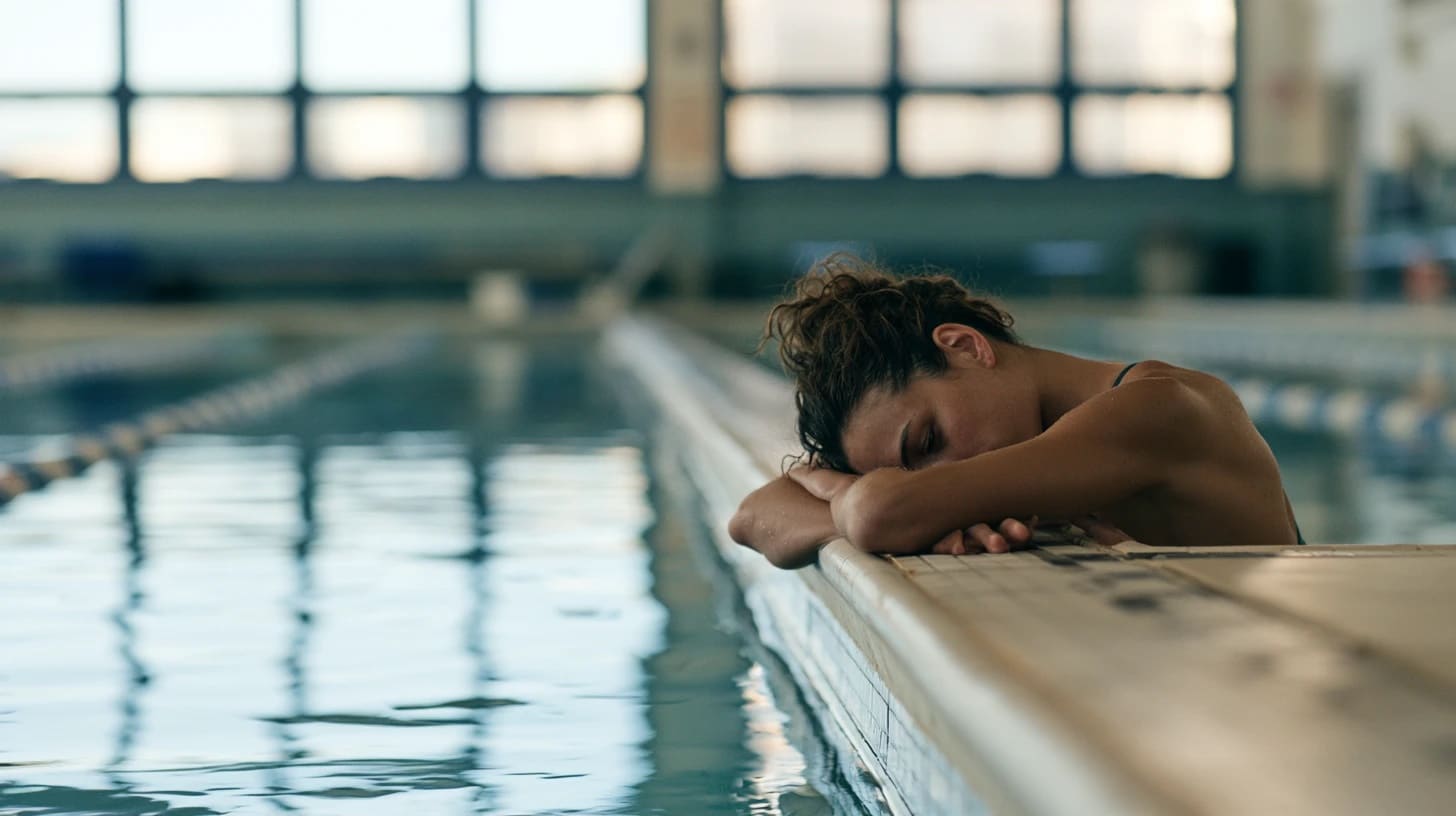 A swimmer rests her head on her folded arms at the edge of an indoor pool, the lane ropes and still water stretching out beside her.
