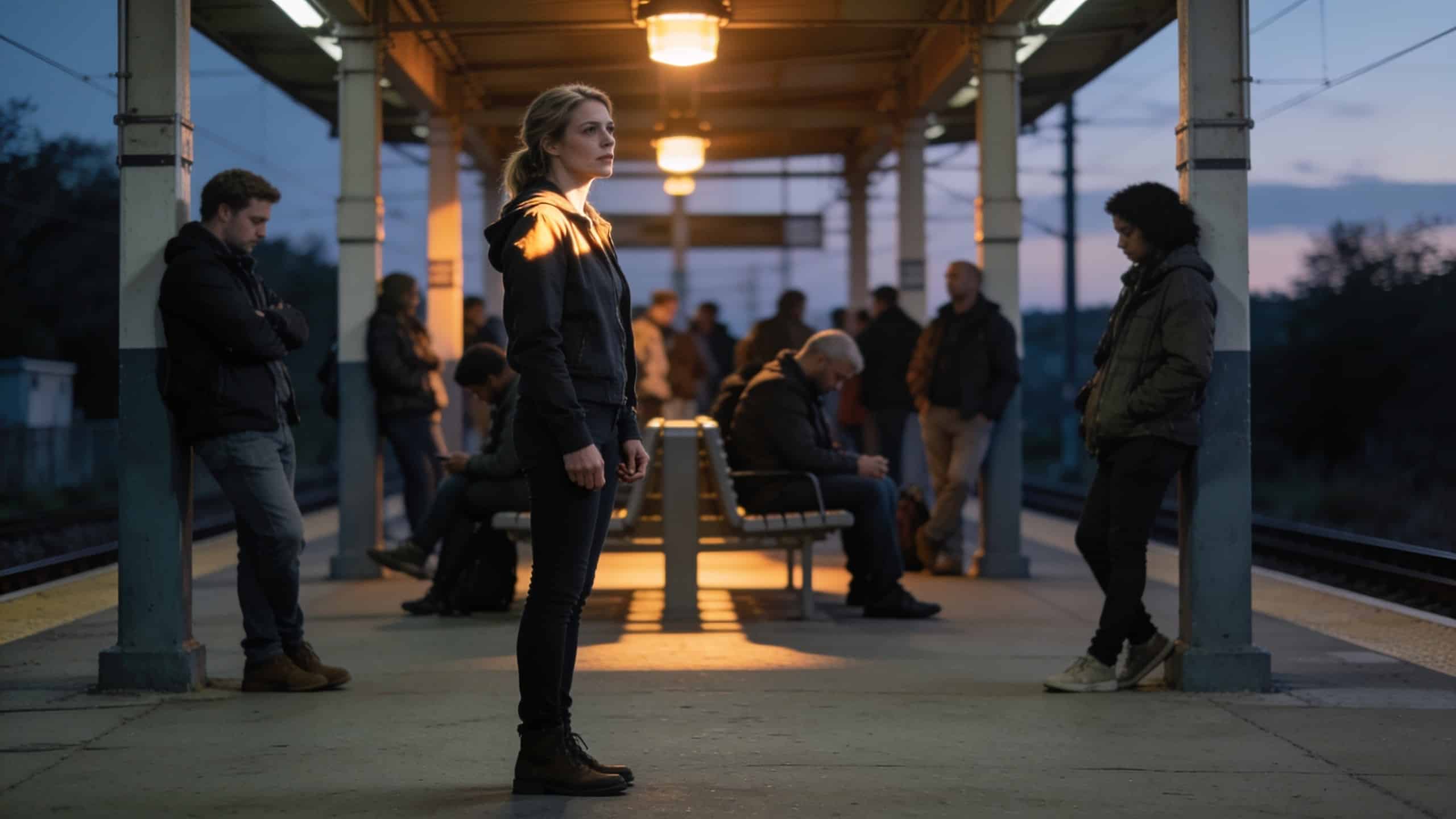 A woman stands alone under a lamp on a crowded commuter rail platform at dusk.