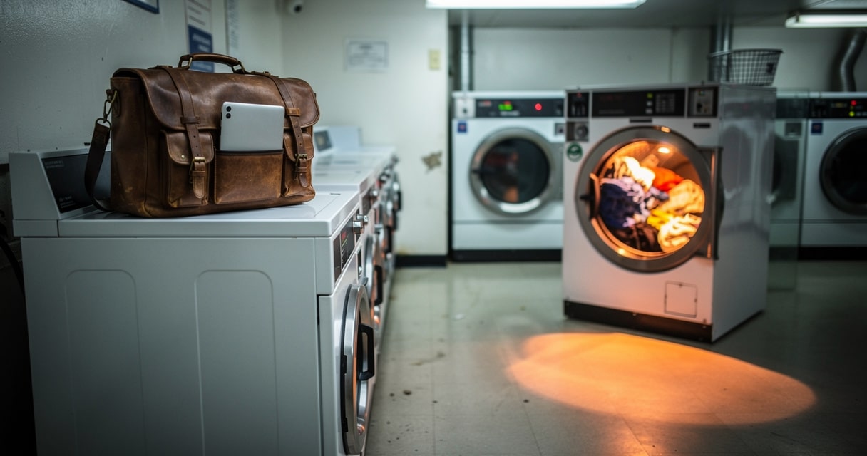 Radical acceptance — a leather work bag sits on a laundromat machine as a dryer tumbles nearby, warm light spilling onto the floor