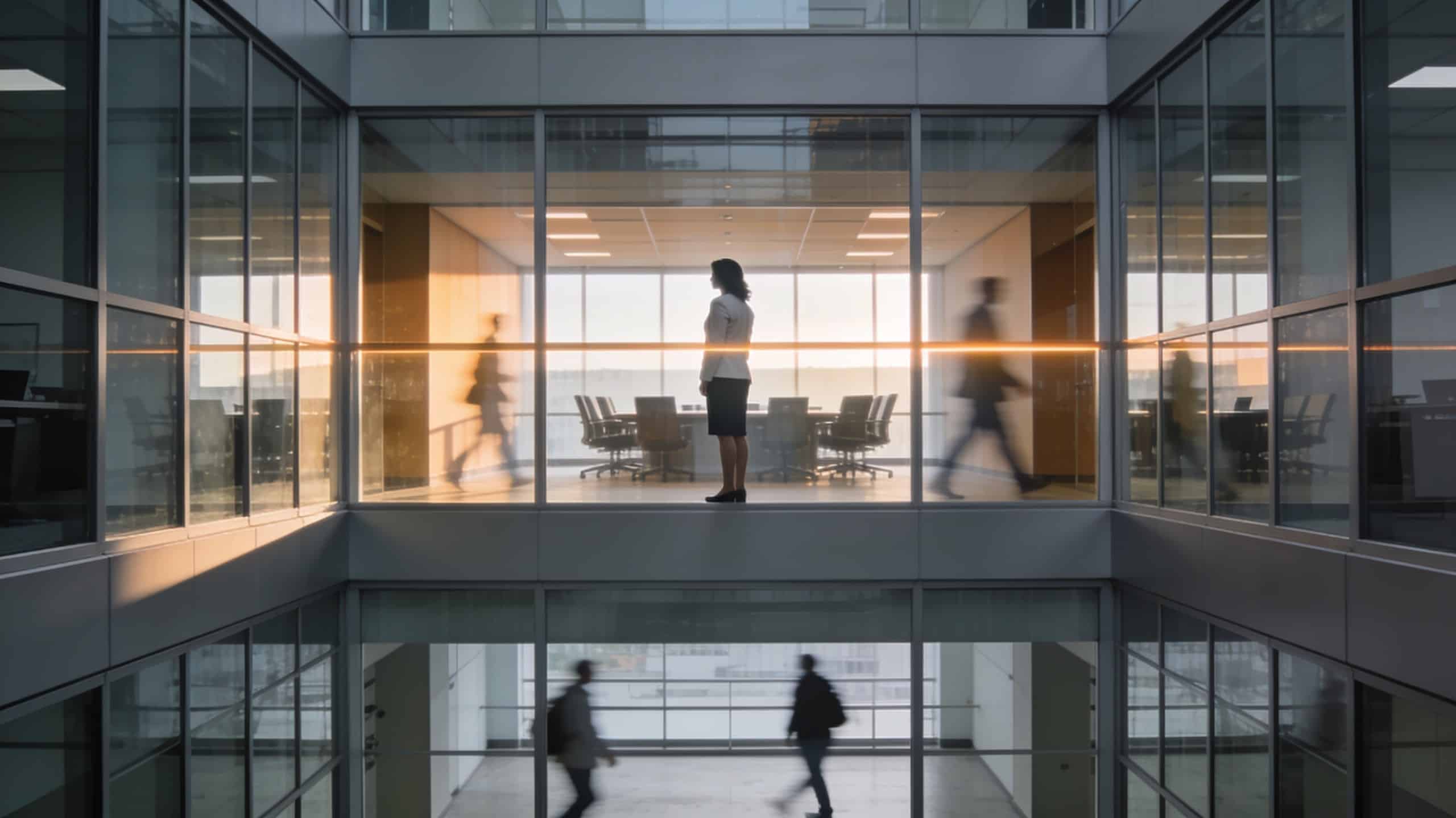 rejection sensitive dysphoria — Late-afternoon light in a large office building's glass-walled interior corridor, photogra...