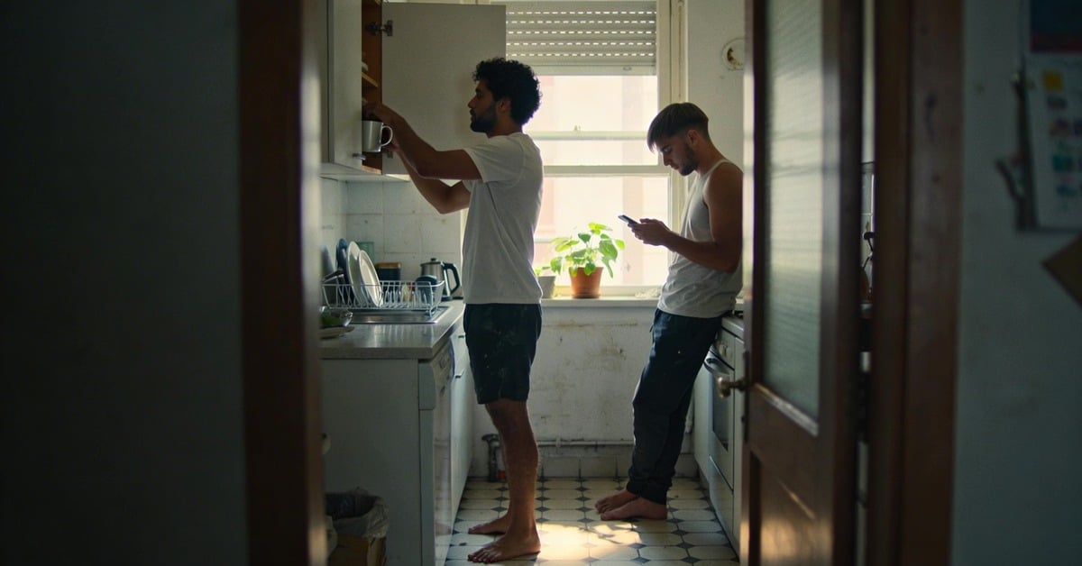 Therapy for gay men in their 30s — two men sharing a quiet moment in a warmly lit kitchen