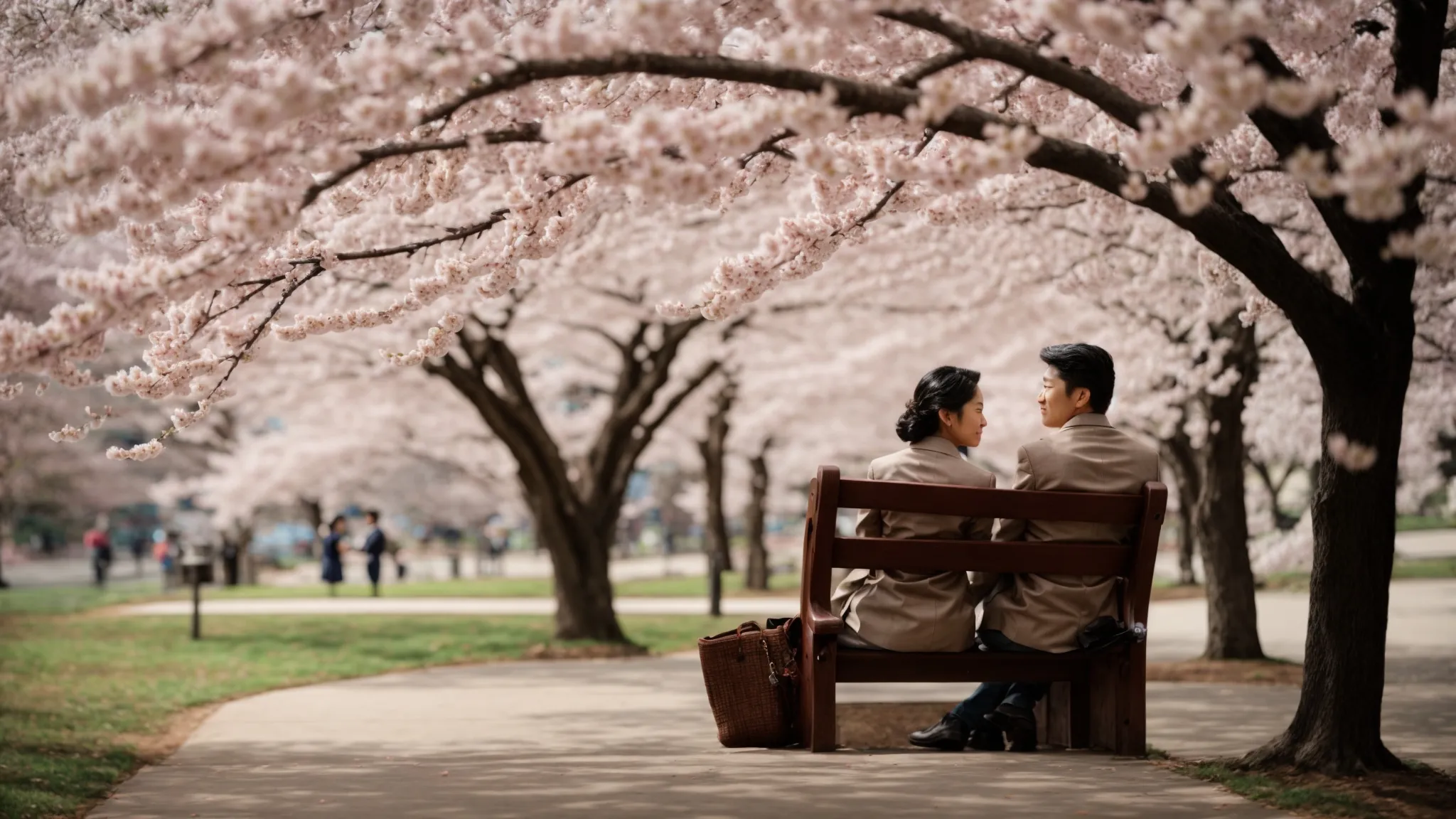 a couple sits close together on a bench under the cherry blossoms in washington, dc, deeply engaged in a heartfelt conversation.