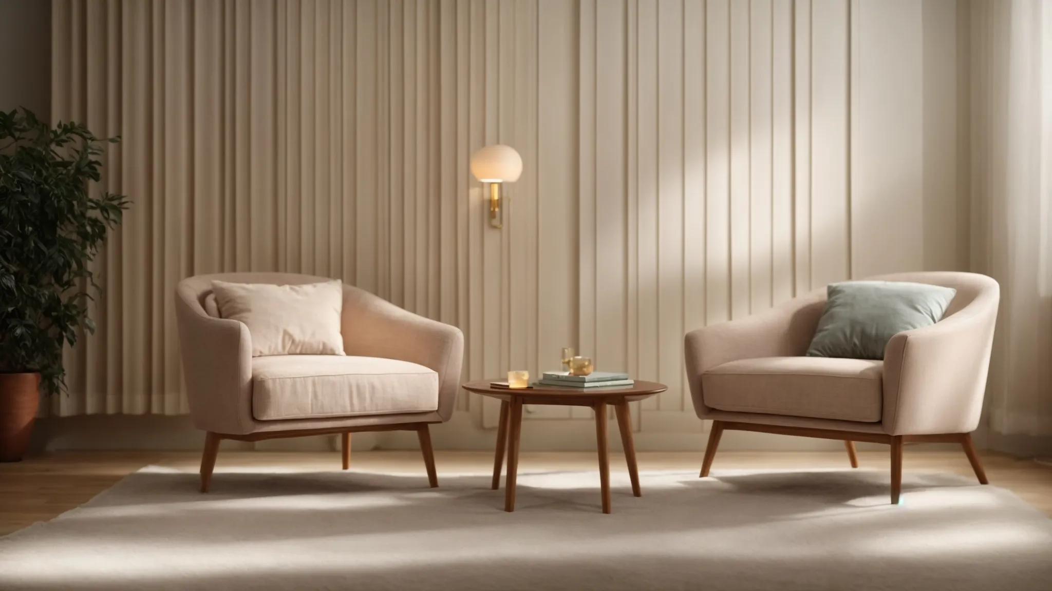 a serene room with soft lighting features two comfortable chairs facing each other, inviting a therapeutic conversation.