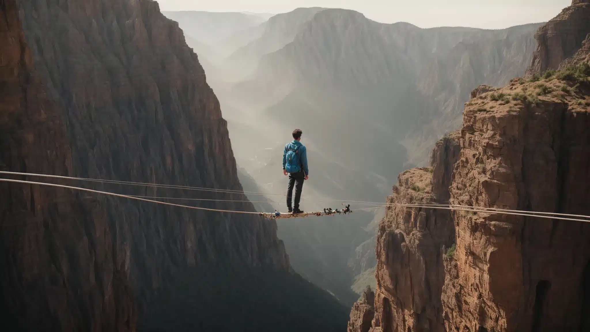 a tightrope walker balances precariously over a chasm, encapsulating the tension and focus needed to manage anxiety.